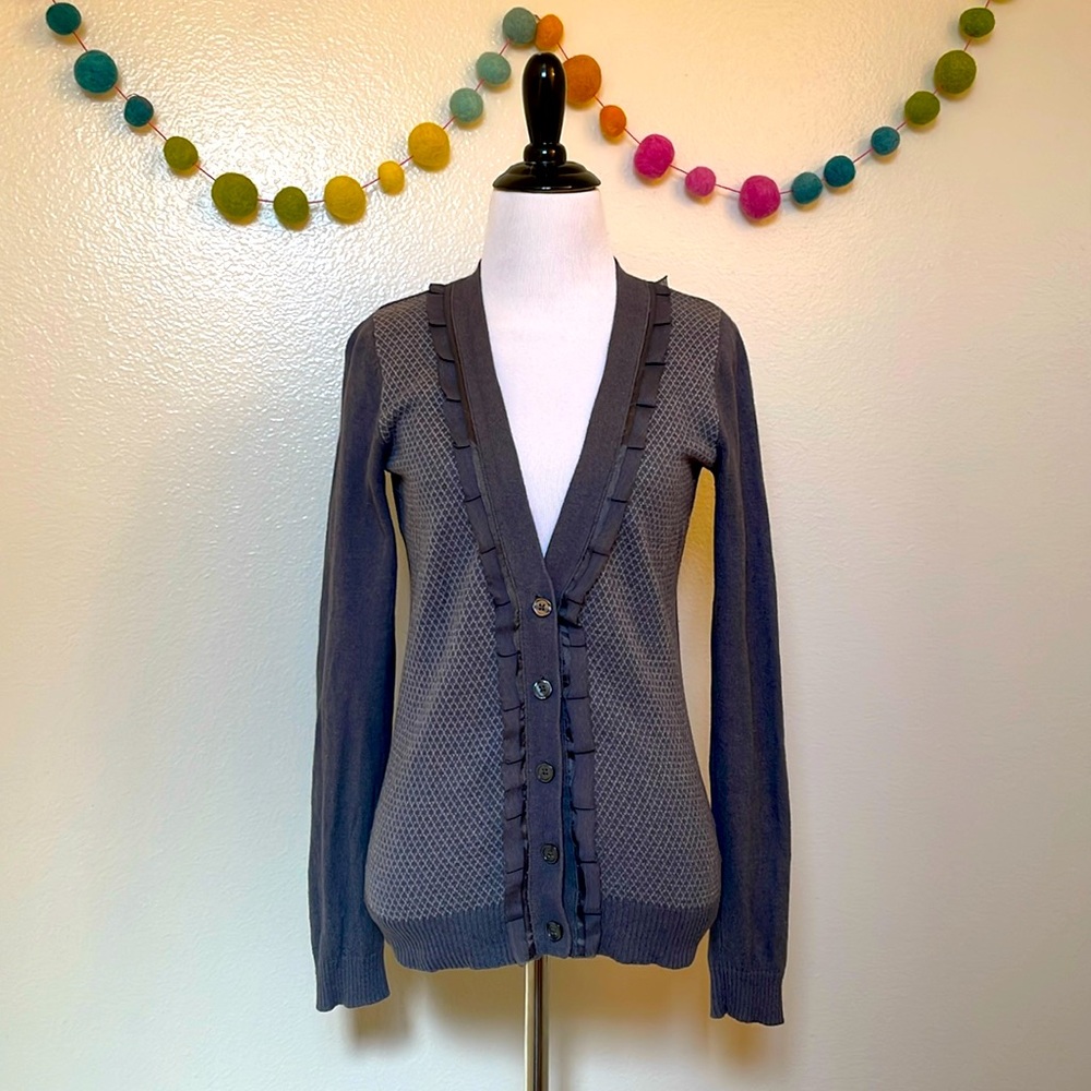 Merona Gray Wool Blend Ruffle Detail V-neck Cardigan Sweater - Size XS